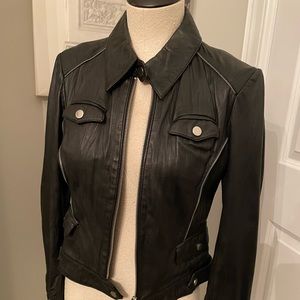 Bebe leather motorcycle jacket with zipper trim